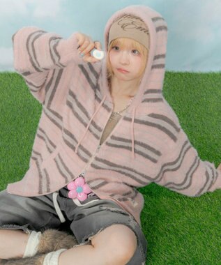 WEGO 【ユニセックス着用ITEM】シャギーボーダーニットパーカー ピンク