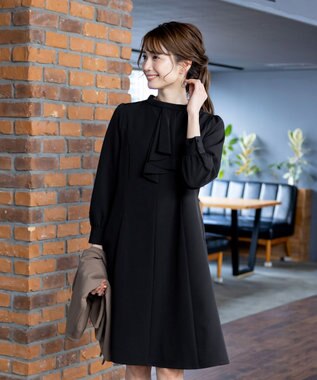 Tiaclasse L 【ダブルクロス】【洗える】フリルドレープワンピース ブラック