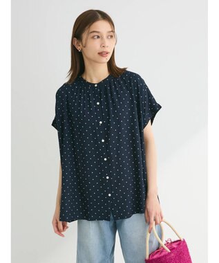 Green Parks アソート柄さらっとレーヨンブラウス Dot Navy