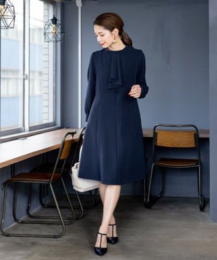 Tiaclasse L 【ダブルクロス】【洗える】フリルドレープワンピース ネイビー
