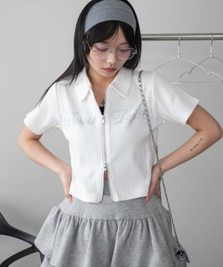 WEGO ラインストーンロゴWZIPトップス オフホワイト