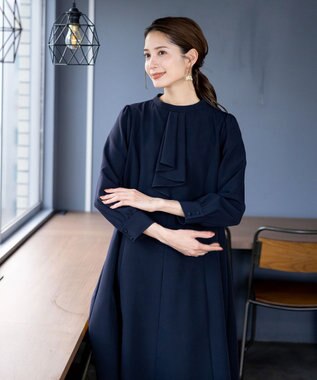 Tiaclasse L 【ダブルクロス】【洗える】フリルドレープワンピース ネイビー