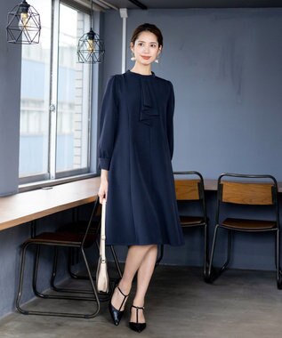 Tiaclasse L 【ダブルクロス】【洗える】フリルドレープワンピース ネイビー