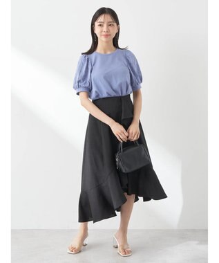 earth music&ecology アシメペプラムフレアバックレースミディ丈スカート Black