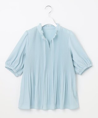 Feroux 【洗える】プリーツコンビ半袖 ブラウス スカイブルー系
