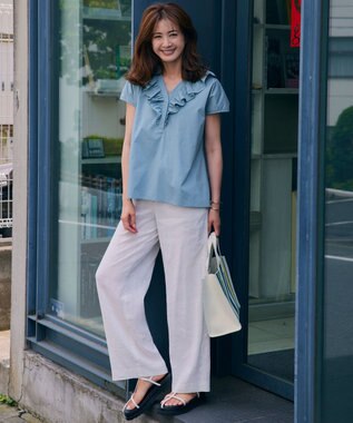 23区 【洗える】リネンレーヨンストレッチ ワイド パンツ ホワイト系