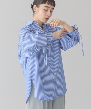 AMERICAN HOLIC イージーケアバックギャザーリボンシャツ Stripe Sax