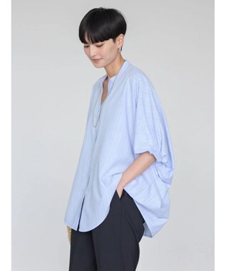 AMERICAN HOLIC 接触冷感＋ＵＶカット　ギャザースリーブブラウス Stripe Sax