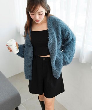 WEGO 【2025秋冬新作/ユニセックス着用ITEM/SMLサイズ展開】フェザーニットカーディガン ブルー