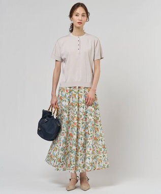 J.PRESS LADIES S スパンボタニカル プリント ロング フレア スカート オフ系