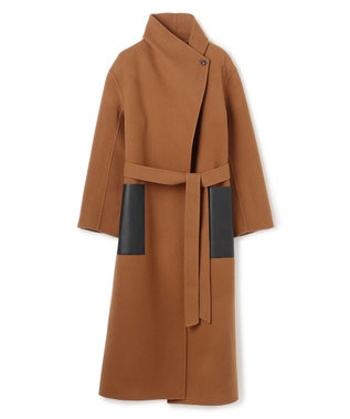 BEIGE， LEMOORE / ウールリバーフェイクレザーポケット付きコート Caramel