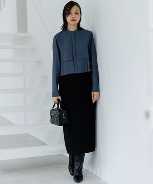 ICB 【洗える】ウールワッシャーツイル シャツドッキング ワンピース ブルーグレー×ブラック