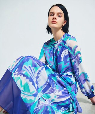 GRACE CONTINENTAL アールデコリゾートプリントワンピース ブルー