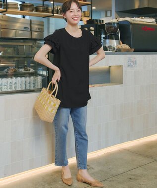 Tiaclasse L レースフレア袖チュニック ブラック