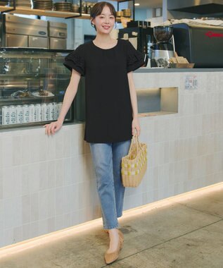 Tiaclasse L レースフレア袖チュニック ブラック