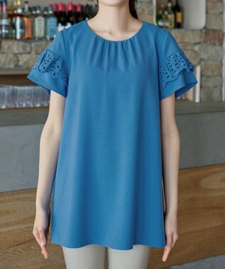 Tiaclasse L レースフレア袖チュニック ブルー