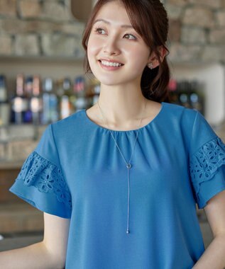 Tiaclasse L レースフレア袖チュニック ブルー