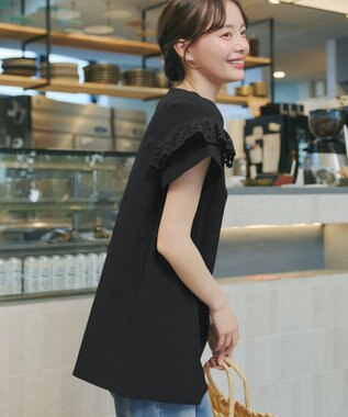 Tiaclasse L レースフレア袖チュニック ブラック