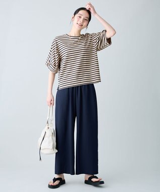 ANY L ツイストスリーブボーダートップス ベージュ×ネイビー