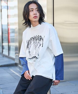 WEGO フェイクレイヤードグラフィックT（LS） ブルーボーダー