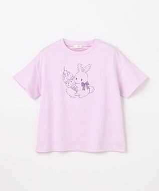 ANY KIDS 【綿100%/接触冷感】ひんやり オーバーサイズ アニマルTシャツ ラベンダー×ウサギ