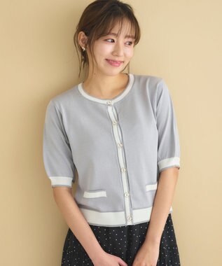 Feroux 【洗える】バイカラーハーフスリーブ カーディガン ライトグレー系