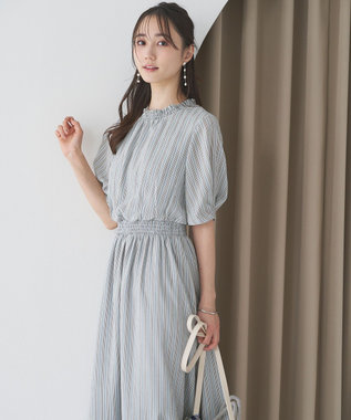 ANY SIS 【洗える】サッカーストライプ ワンピース ブルーベース