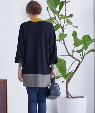 Tiaclasse L 【洗える】カラーブロッキングニットチュニック ネイビー