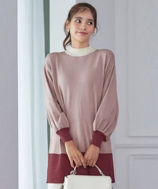 Tiaclasse L 【洗える】カラーブロッキングニットチュニック ピンク