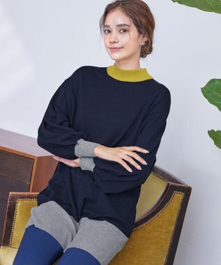 Tiaclasse L 【洗える】カラーブロッキングニットチュニック ネイビー