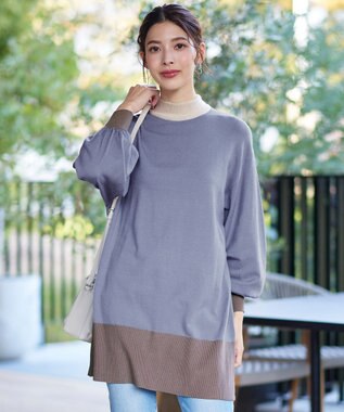 Tiaclasse L 【洗える】カラーブロッキングニットチュニック ブルー