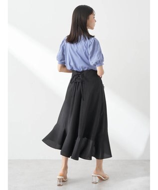 earth music&ecology アシメペプラムフレアバックレースミディ丈スカート Black