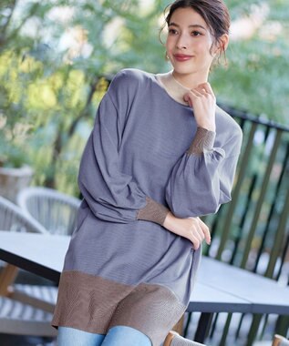 Tiaclasse L 【洗える】カラーブロッキングニットチュニック ブルー