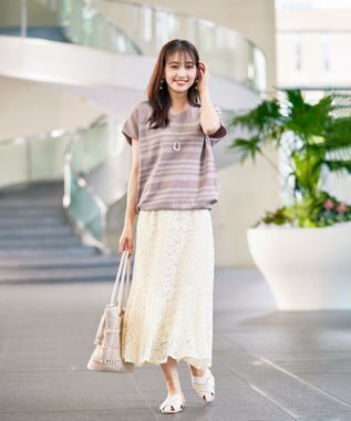 Tiaclasse L 【洗える】マルチボーダーフレンチスリーブニット ピンク×ライトピンク