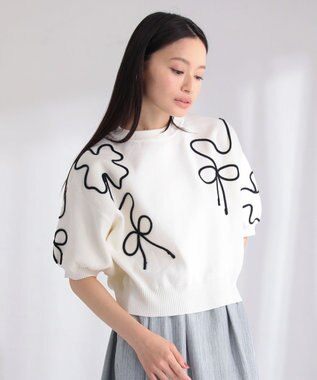 Green Parks ・ＥＬＥＮＣＡＲＥ　ＤＵＥ　ライン刺繍５分袖ニット Off White