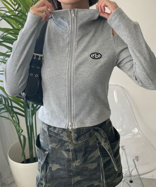 WEGO オープンショルダーダブルジップパーカー 杢グレー