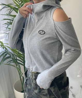 WEGO オープンショルダーダブルジップパーカー 杢グレー