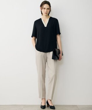 ICB 【先行予約】BackSatinAmunzen 5分袖Vネック配色ブラウス ブラック