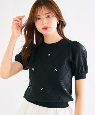 Feroux 【洗える】リボン刺繍ダイヤ柄 ニット ブラック系