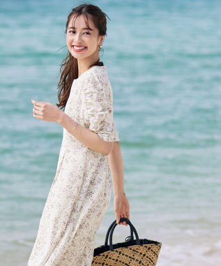 Tiaclasse L 【洗える】ギャザースリーブ花柄ワンピース オフホワイト