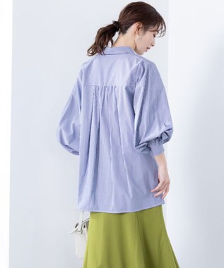 Tiaclasse 【洗える】パフ袖シャツチュニックブラウス ネイビーストライプ