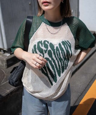 WEGO ハートロゴビッグメッシュニットT ダークグリーン