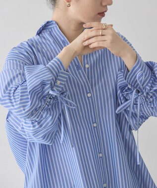 AMERICAN HOLIC イージーケアバックギャザーリボンシャツ Stripe Sax