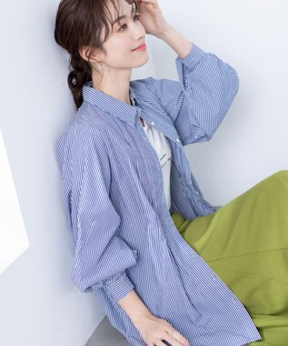 Tiaclasse 【洗える】パフ袖シャツチュニックブラウス ネイビーストライプ