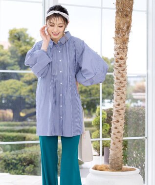 Tiaclasse 【洗える】パフ袖シャツチュニックブラウス ネイビーストライプ