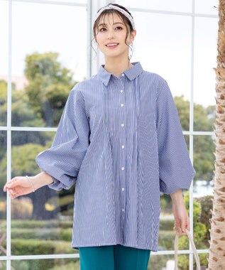 Tiaclasse 【洗える】パフ袖シャツチュニックブラウス ネイビーストライプ