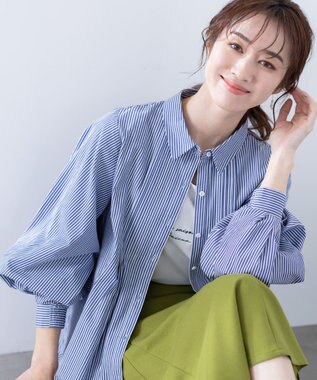 Tiaclasse 【洗える】パフ袖シャツチュニックブラウス ネイビーストライプ