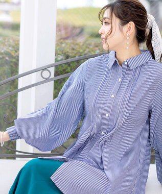 Tiaclasse 【洗える】パフ袖シャツチュニックブラウス ネイビーストライプ