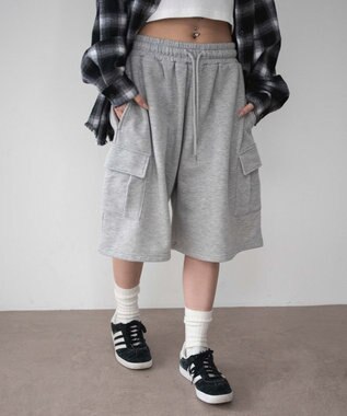 WEGO 【ウエストゴム】スウェットカーゴハーフパンツ 杢グレー