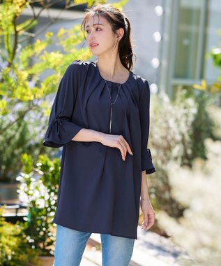 Tiaclasse L 【洗える】リボン付きタックスリーブチュニックブラウス